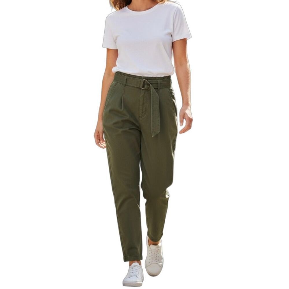 Loft Women's Belted Emory Taper Pants XS Green Pleated High Rise Ankle Trousers